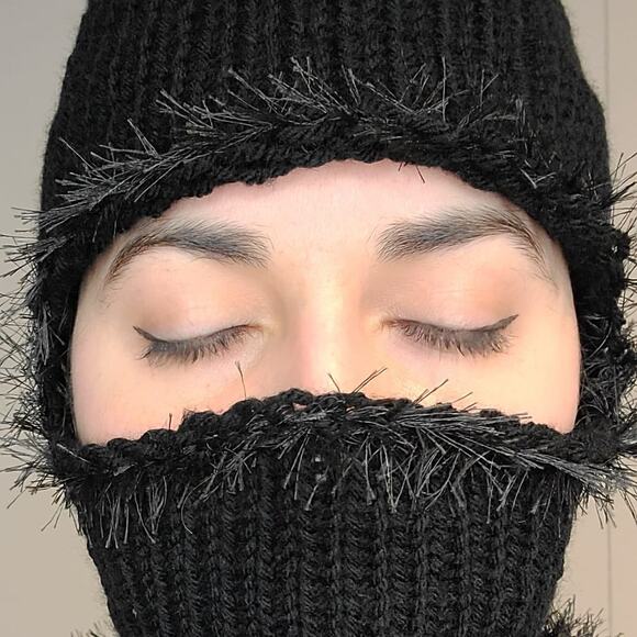 Black Fairy Grunge Fuzzy Knitted Handmade Balaclava Winter Hat - Picture 4 of 7